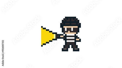 8-bit pixel art masked thief shines a light. looped animation 4k 30fps