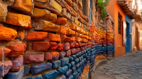 Rainbow pride month mural on old brick wall in colorful lgbtq celebration with vibrant painted stones along narrow street