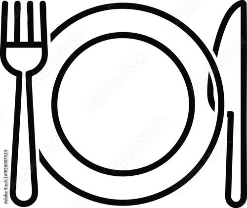 Basic Plate and Cutlery Outline, Simple Kitchen Dining Symbol, Universal Dinnerware Line Art, Minimalist Restaurant Place Setting Icon.
