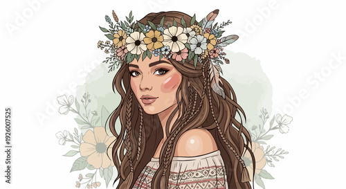 Woman wearing floral crown bohemian style flowers in hair long brown hair peaceful expression soft pastel background elegant illustration whimsical design romantic atmosphere boho