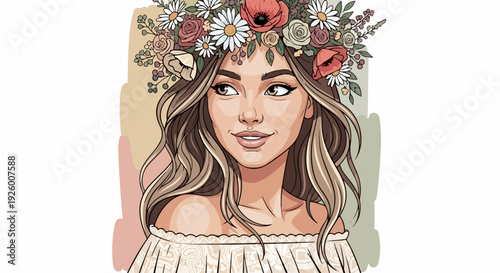Woman with floral crown wavy blonde hair off shoulder top soft pastel background serene expression elegant illustration gentle features
