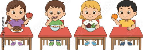Cute cartoon diverse children sitting at red tables eating healthy snacks including fruit cereal grapes and orange for school lunch or breakfast illustration
