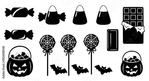 Halloween Icons Candy, Bats, Pumpkins, and Chocolate Illustrations for Spooky Season