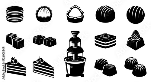 Collection of various delicious chocolate candies and desserts, including cakes and a chocolate fountain, rendered in a clean, high-contrast black and white graphic style