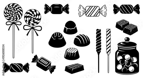 A delectable assortment of classic confectioneries and sweet treats, rendered in a striking monochrome silhouette, perfect for menus, festive designs, and celebratory occasions