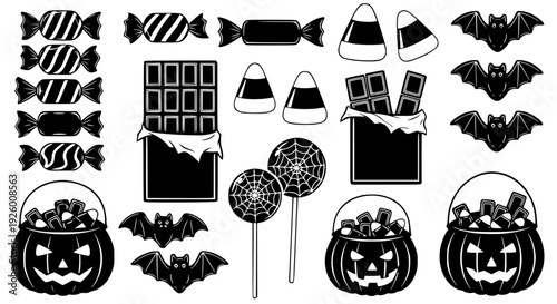 Black and white Halloween candy collection. Assorted wrapped sweets, chocolate, candy corn, lollipops, pumpkin buckets filled with treats, and bats. Spooky seasonal design