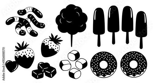 Black and white silhouette collection of various sweet treats and playful snacks including donuts, ice cream, cotton candy, strawberries, chocolates, and worms