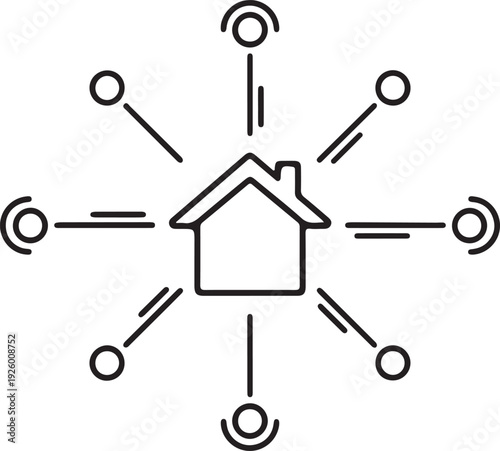 Smart home network icon or house with connected devices symbol or home automation system vector outline art black line design concept