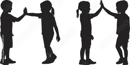 Black silhouette of young boy and girl children giving high five gesture of friendship and success isolated on white background for childhood teamwork concept