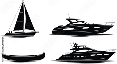 Black Silhouette Collection of Different Boats and Luxury Yachts Including Sailboard Motorboat Canoe and Modern Speedboat Isolated on White Background for Marine Vector Design