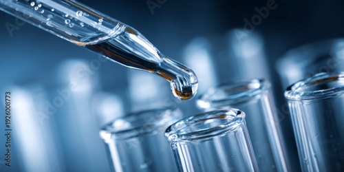 Close-Up of a Dropper Delivering Liquid into Glass Test Tubes on a Blue Background in a Laboratory Setting for Scientific Research and Experimentation