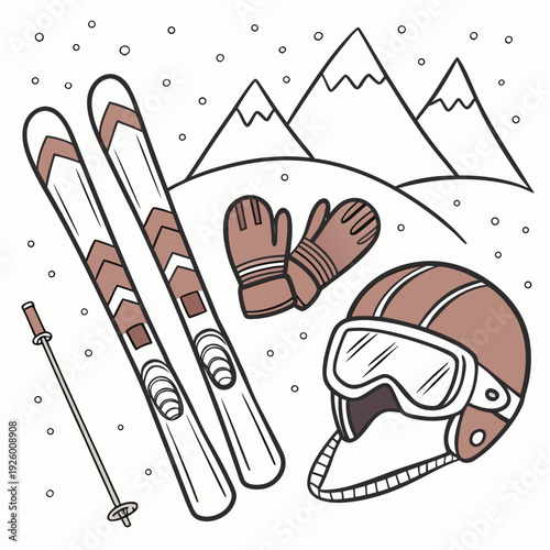 Hand drawn doodle ski essentials collection. Winter activities