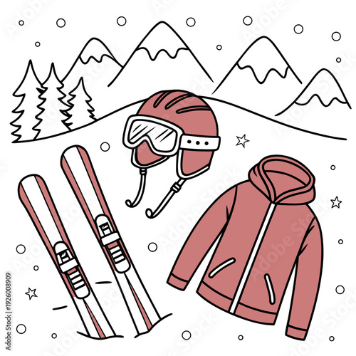 Hand drawn doodle ski essentials collection. Winter activities