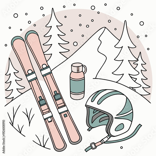 Hand drawn doodle ski essentials collection. Winter activities