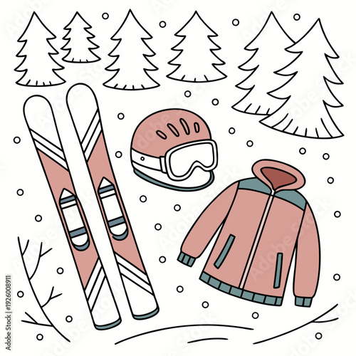 Hand drawn doodle ski essentials collection. Winter activities