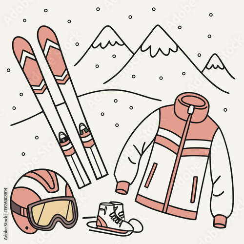 Hand drawn doodle ski essentials collection. Winter activities