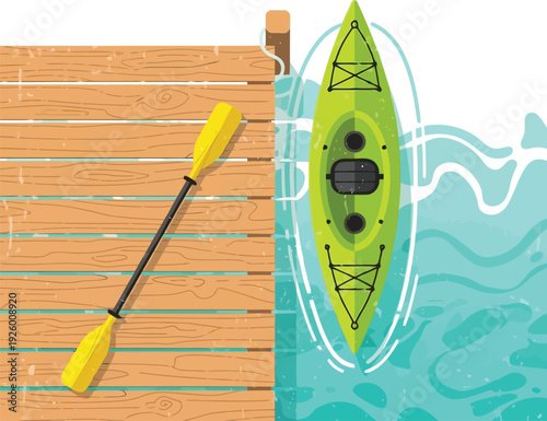 Top view illustration of green kayak and paddle by wooden dock on clear blue water