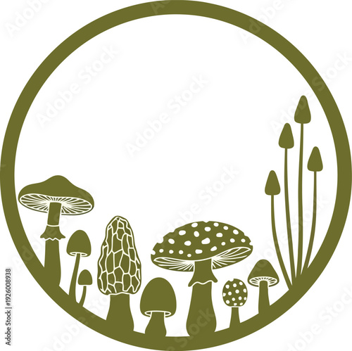 Vintage Botanical Mushroom Circle Frame Illustration for Nature and Organic Design Projects