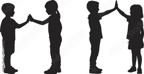 Black silhouette of young boy and girl giving high five and low five hand gesture isolated on white background, concept of friendship and childhood.