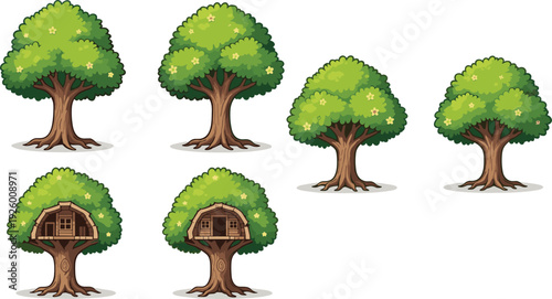Cute Cartoon Green Tree Collection and Small Wooden Treehouse Set with Flowers Isolated on White Background for Children Nature Game Assets and Education