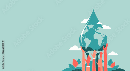 World Water Day Unity Hands Earth Water Drop Flat Vector Background