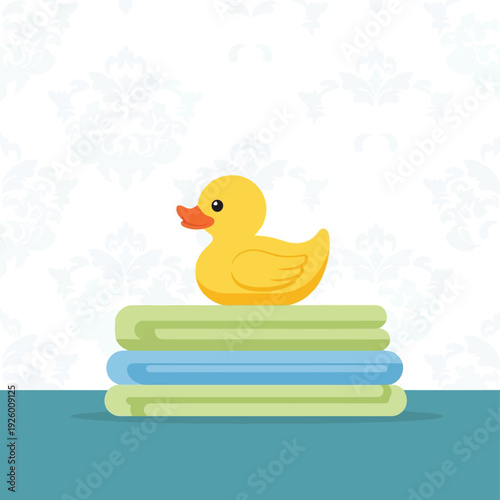 Yellow Rubber Duck on Folded Towels in Bathroom Nursery Vector Illustration