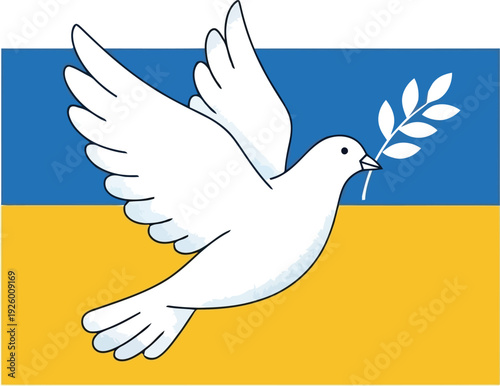 White dove with olive branch on Ukrainian flag symbolizing peace and hope vector illustration