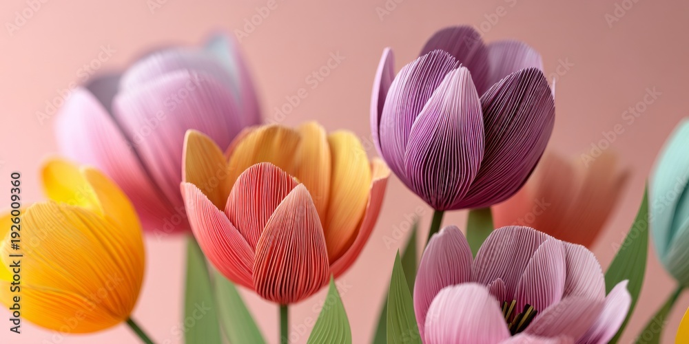 Fototapeta premium Vibrant paper flowers in various colors with delicate petals showcasing unique textures against a soft pastel background creating a joyful atmosphere