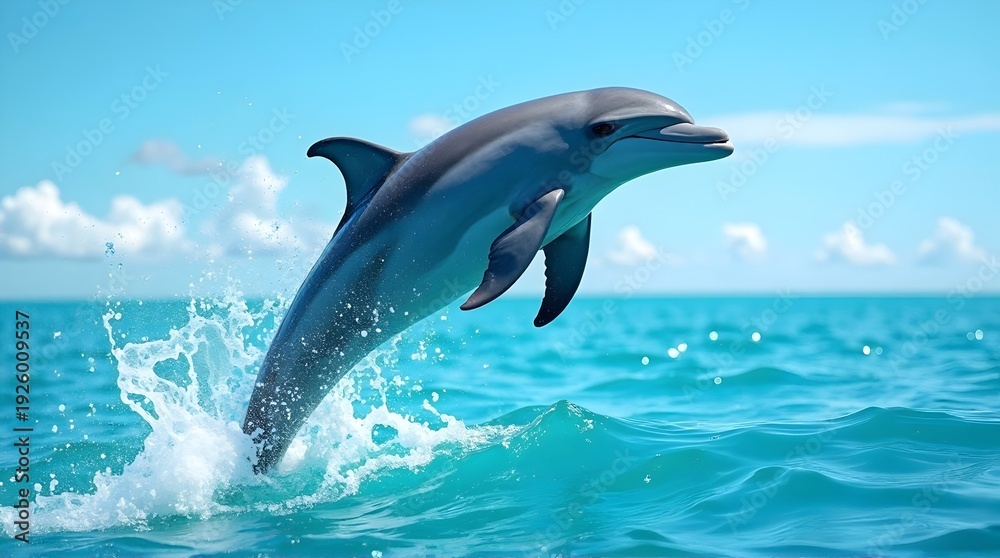 Obraz premium A graceful bottlenose dolphin majestically leaps high out of the sparkling turquoise ocean water, creating a dynamic splash on a beautiful sunny day in the wild.