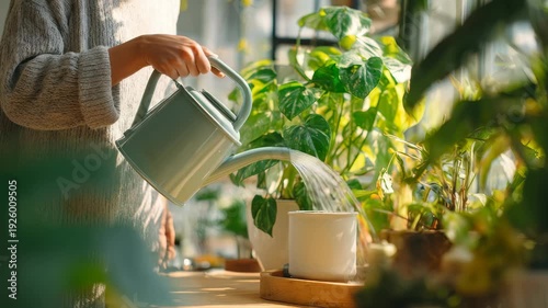 A person nurtures thriving indoor plants by watering them in a bright, sun drenched room filled with greenery. The tranquil setting highlights the beauty and care of modern home gardening trends