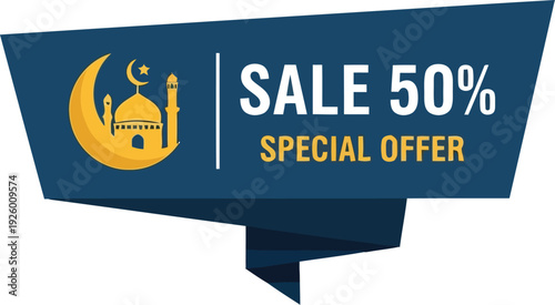Ramadan Sale Banner with Mosque and Crescent Moon, 50 Percent Discount Special Offer Promotion