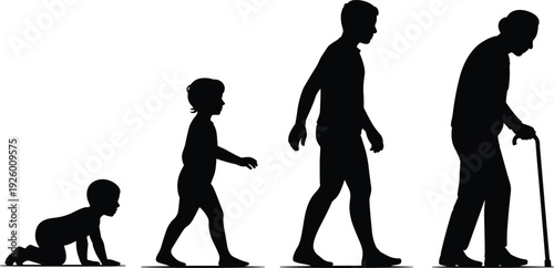 Human Life Cycle Concept Showing Silhouette of Aging Process from Crawling Baby and Walking Child to Adult Man and Elderly Senior with Cane