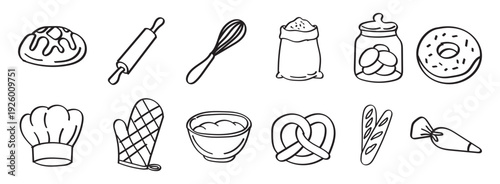Bakery and Kitchen Line Art Icon Set Hand Drawn Style