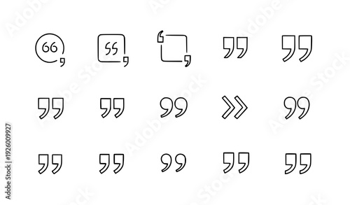 Quotation Marks and Quote Outline Icon Set Featuring Opening and Closing Speech Symbols for Typography Editorial Layouts and Text Emphasis in Digital Design