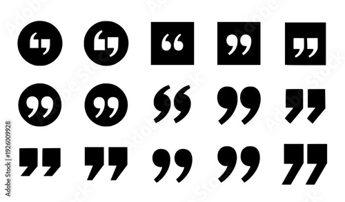 Quotation Marks and Quote Symbol Icon Set Featuring Opening and Closing Quotes for Typography Editorial Design and Text Highlighting in Digital Media