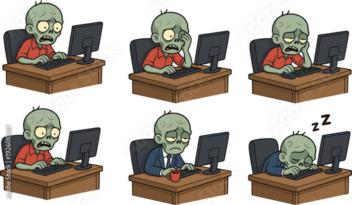 Cute Cartoon Illustration Set of Tired Zombie Office Workers Sitting at Desks with Computers for Workplace Burnout Stress and Corporate Monday Morning Humor