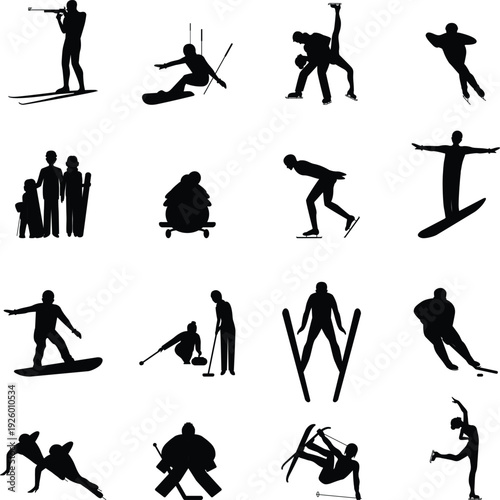 Winter Sports Silhouettes Collection: Action Icons for Healthy Lifestyle & Olympic Games Vector Illustration.Black silhouette set of skiers in motion