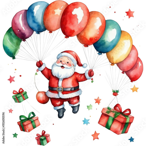 watercolor smiling santa claus with christmas gift present boxes and balloons holiday clipart