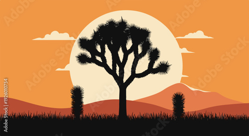Silhouette tree landscape with vibrant orange sunset and mountains serene natural scenery