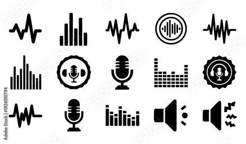 Audio and Sound Icon Set Featuring Waveforms Microphones Equalizer Levels and Volume Symbols for Music Apps Podcast Interfaces and Digital Media Projects