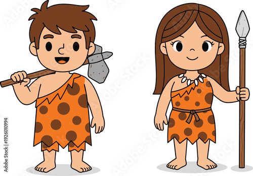Cute chibi vector illustration of a prehistoric caveman holding a stone axe and a cavewoman with a spear for history education and kids mascots