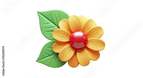 3D Rendering of an Orange Flower with Green Leaves