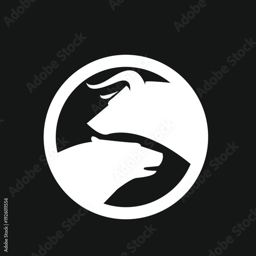 Bull and Bear Market Symbol in Circle Silhouette for Finance and Stock Exchange