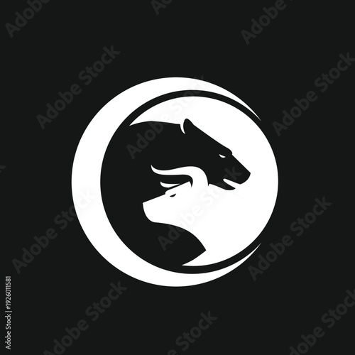 Bear and Wolf Head Silhouette Logo Design in Crescent Moon Shape