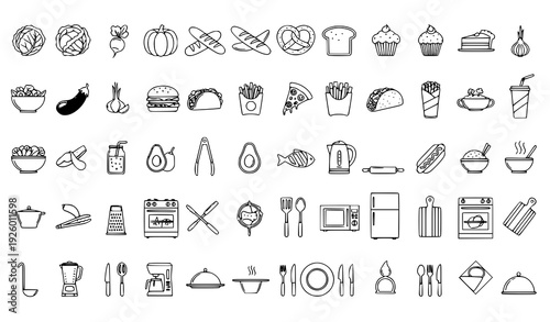 Food and Kitchen Outline Icon Mega Set with Cooking, Ingredients, Appliances, Utensils, Meals, and Restaurant Symbols