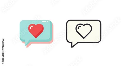 Love Chat Bubble Icon Set – Heart Message Flat and Outline Vector Collection