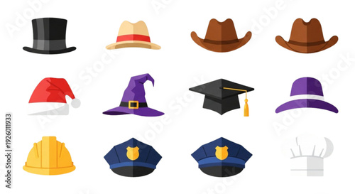 Hat Icon Set – Fashion, Holiday and Professional Headwear Vector Collection