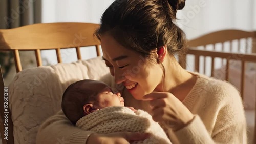 Asian mother rocking baby in chair near crib