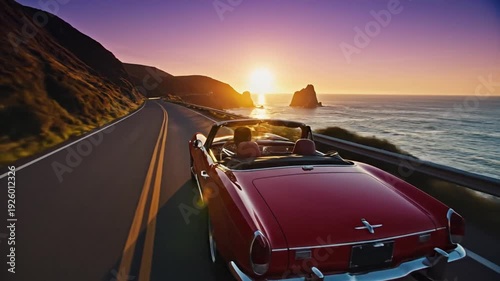 Man driving vintage convertible car along coastal road at sunset