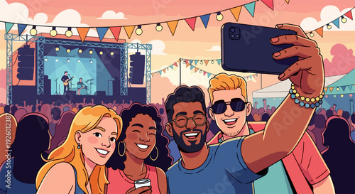 Four friends taking selfie at outdoor music festival with stage and colorful bunting